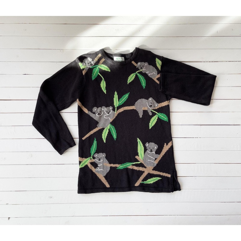 black sweater‎ 90s vintage Quacker Factory cute koala bear novelty sweater